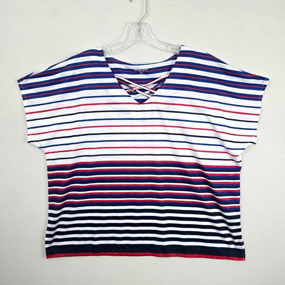 Allison Daley Striped Decorative V-Neck Short Sleeve Top Red White Blue PXL